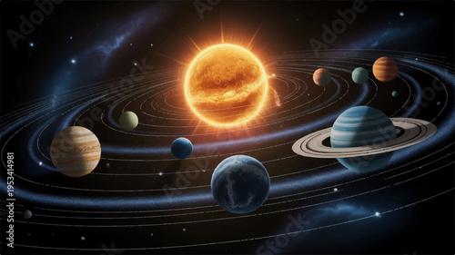 Vibrant astronomical illustration of solar system with planets and sun in space showcasing celestial bodies and orbits in a stunning cosmic background