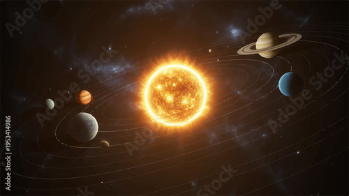 Vibrant astronomical illustration of solar system with planets orbiting a bright sun in deep space with stars and stardust