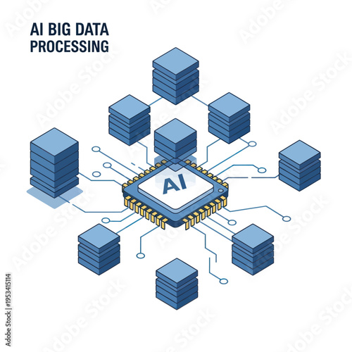 AI Big Data Processing - Isometric Illustration of Artificial Intelligence and Data Storage.