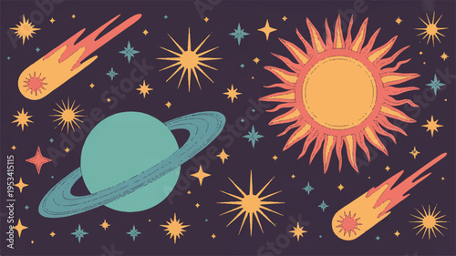 Vibrant galaxy illustration with saturn sun shooting stars and colorful cosmic elements in space