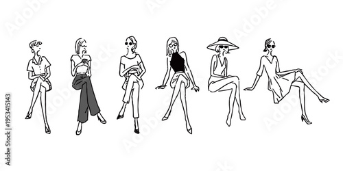 手書き風のファッショナブルな女性イラスト 座りポーズ 7種類セット（モノクロ）ベクター素材