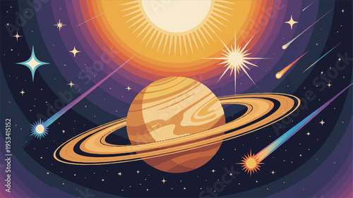 Vibrant vector illustration of saturn planet with rings and shooting stars near the sun in a stunning cosmic background with purple and orange hues