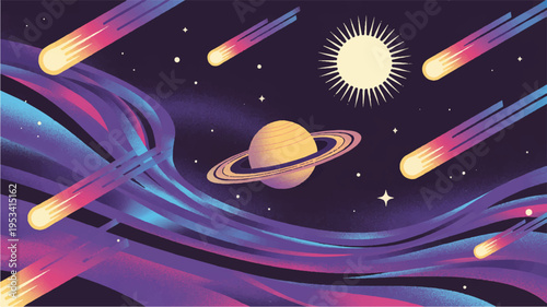 Vibrant futuristic illustration of a planet with rings orbiting the sun amidst meteor showers and swirling purple nebulae in deep space