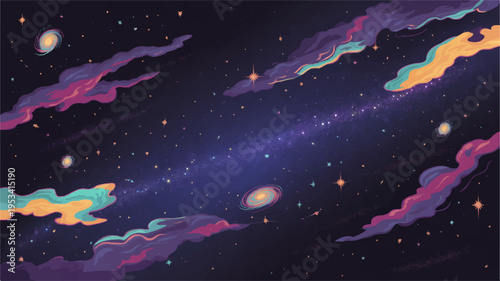 Vibrant cosmic vector illustration featuring a starry night sky with colorful nebulae and planets in space astronomy background