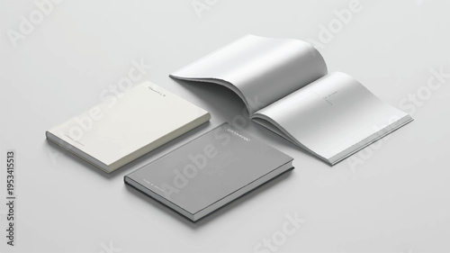 Minimalist stack of blank notebooks and open book on white background with copy space
