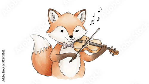 A cute fox plays a violin musically outdoors happily alone.