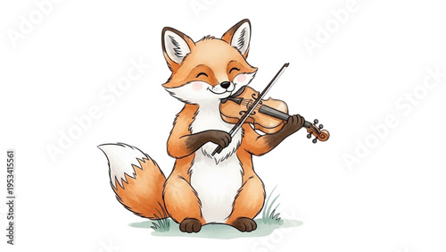 A cute cartoon fox plays a violin outdoors in nature happily