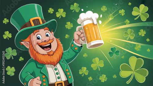 St patrick's day greeting card with cheerful leprechaun holding beer surrounded by shamrocks and green decor