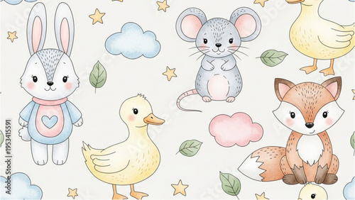 Colorful cartoon animals including rabbit, mouse, duck, fox, and bird playing together outdoors