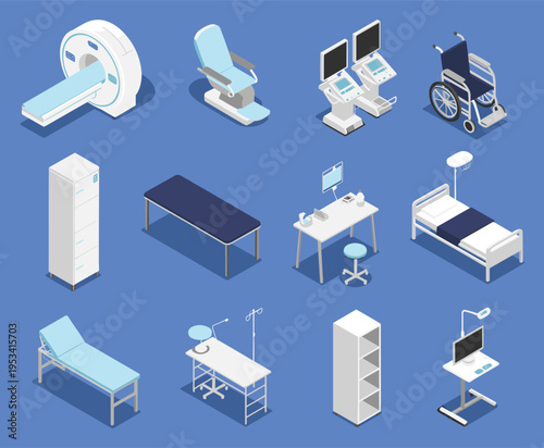 Isometric medical equipment vector collection, hospital furniture set, healthcare devices, clinic room interior elements, modern biomedical technology