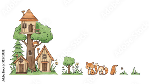 A whimsical treehouse village with three adorable orange foxes playing outside