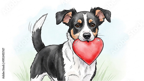 A dog holds a heart in its mouth on green grass