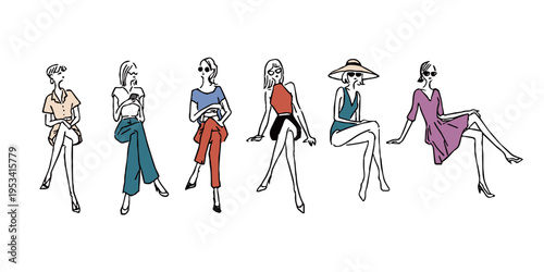 手書き風のファッショナブルな女性イラスト 座りポーズ 7種類セット（カラー）ベクター素材