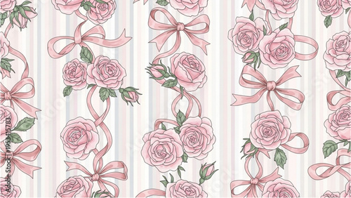 Canvas-taulu Pink roses and ribbons adorn a striped wallpaper design