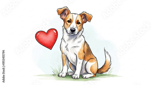 A cute dog sitting on grass with a red heart nearby