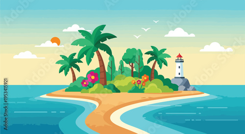 Tropical island scene featuring palm trees, a lighthouse, and ocean view