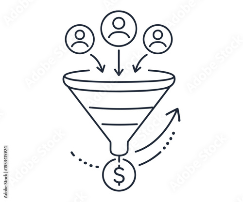 People icons funnel to money symbol in simple line drawing