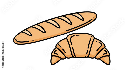 Illustration of a freshly baked baguette and croissant on a plate