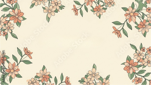A floral pattern features peach flowers and green leaves on cream background