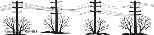 Utility poles with power lines and leafless winter trees, rural electrical distribution system infrastructure, seasonal landscape, energy supply connection