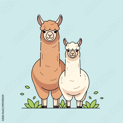 Two cartoon llamas, one brown and one white, standing together