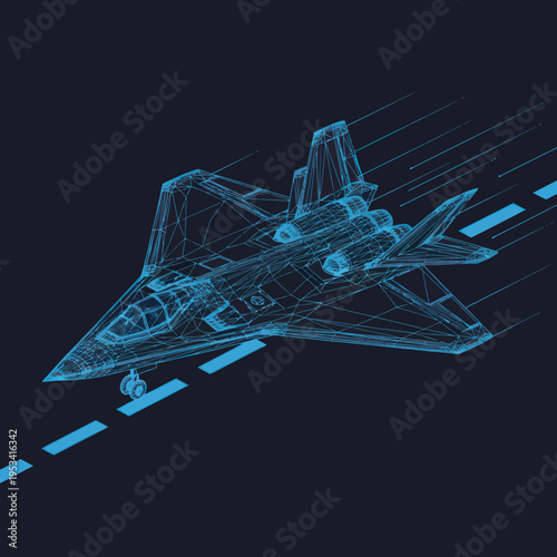 Futuristic Fighter Jet Wireframe Design Model.
