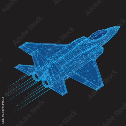Blue Wireframe Fighter Jet Aircraft Model.
