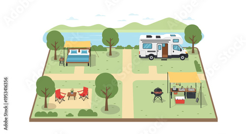 Campsite with RV and outdoor furniture by serene lake