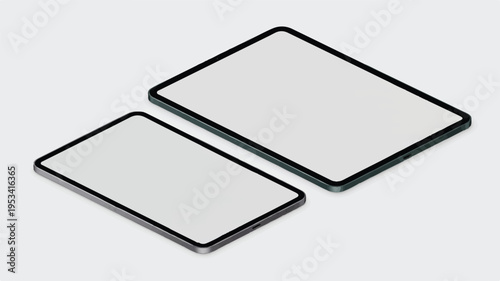 Two blank tablet devices with white screens on light background with blank screen