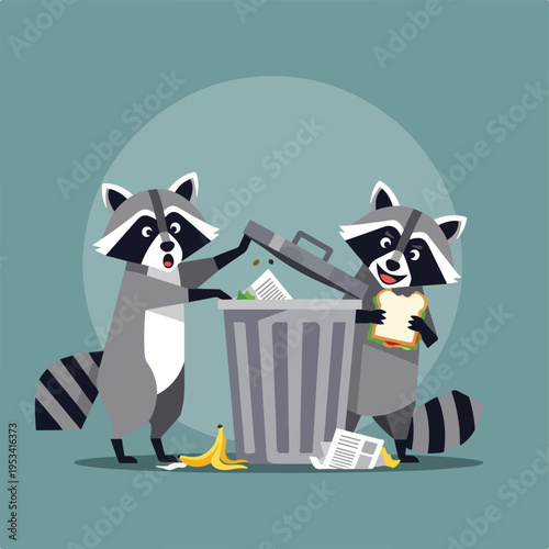 Two cartoon raccoons scavenging near a trash can, with a banana and sandwich