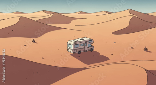 Cartoon camper van in desert landscape