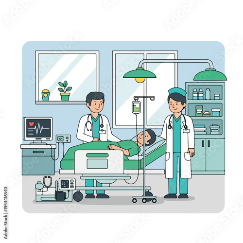 Two doctors and a patient in a hospital room, various equipment around