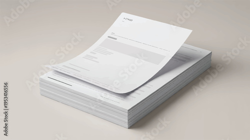 Stack of blank white paper documents, with one page fluttering, clean studio lighting