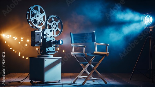 Film production concept with vintage movie camera director chair and studio lights on stage background
