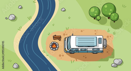 Cartoon camper van parked beside campfire on roadside