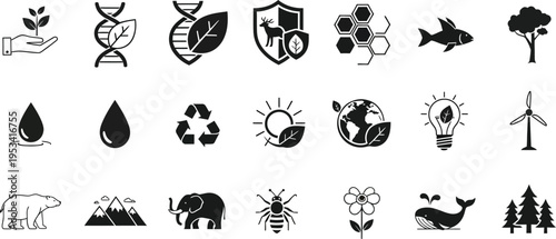 Collection of nature and environment related icons featuring plants animals and natural elements