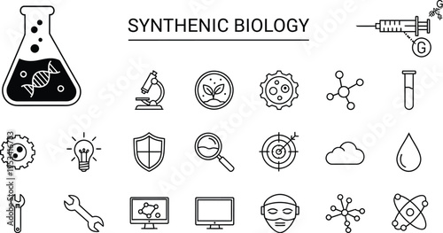 Synthetic biology concept with beaker DNA molecule and various scientific elements