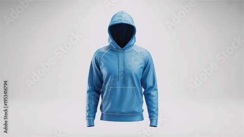 Blue hoodie with pockets and drawstring hood, isolated on a plain white background