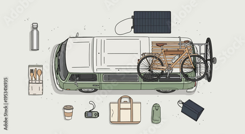 Eco-friendly travel van with bicycle and solar panel