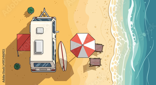 Beach vacation with camper van and surfboard