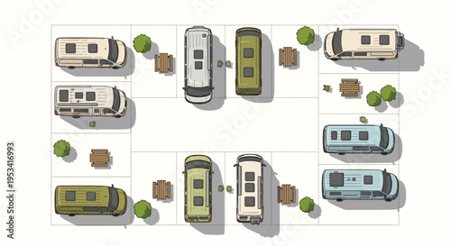 Overhead view of RV park with various vehicles and picnic tables