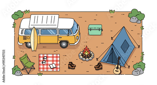 Camping scene with van tent and campfire