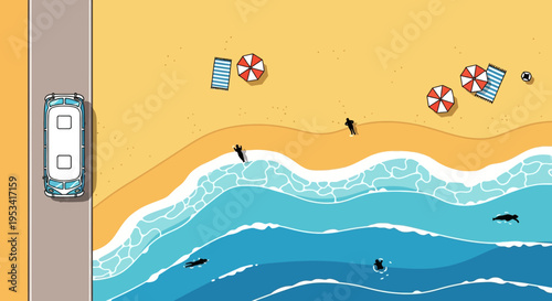 Beach scene with people swimming and car on road