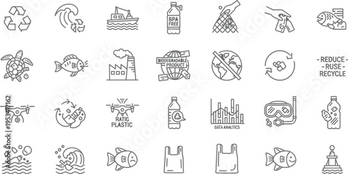 Ocean plastic pollution and marine conservation icons set for environmental awareness campaigns