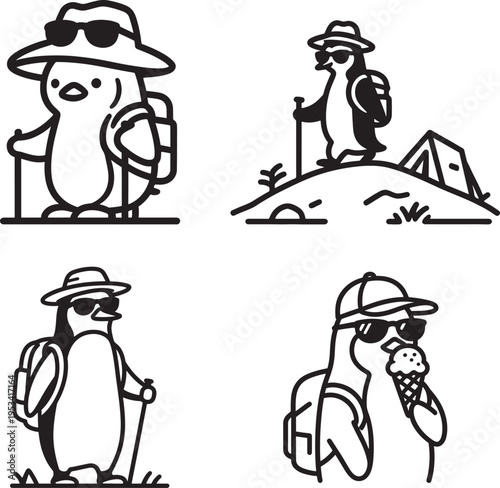 Adventurous Penguin Mascot Vector Set: Minimalist Black and White Icons of a Cool Penguin Character Hiking, Boating, and Camping with Sunglasses and Backpack