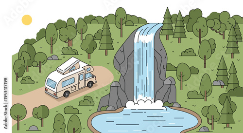 Cartoon camper van near scenic waterfall in forest