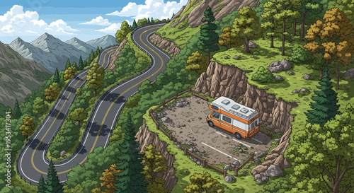 Winding mountain road with camper van parked on cliffside