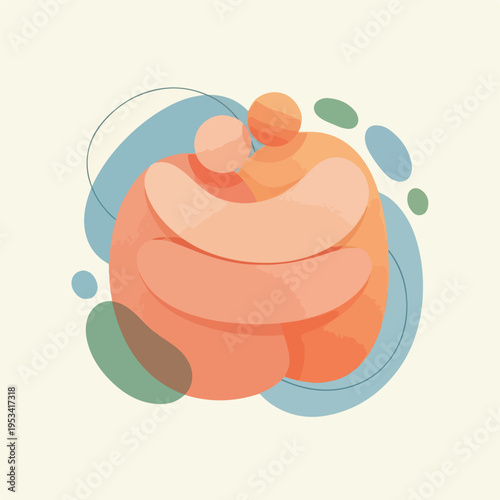 Two figures hugging with pastel tones and abstract shapes around them