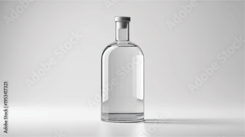 Clear glass bottle with cork stopper, filled with clear liquid, minimalist studio lighting