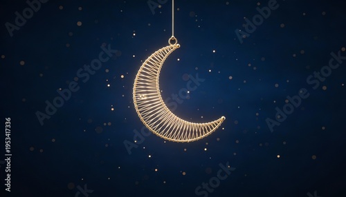 Golden wireframe crescent moon hanging against a dark blue night sky. Festive Islamic holiday decoration with sparkling bokeh lights and copy space